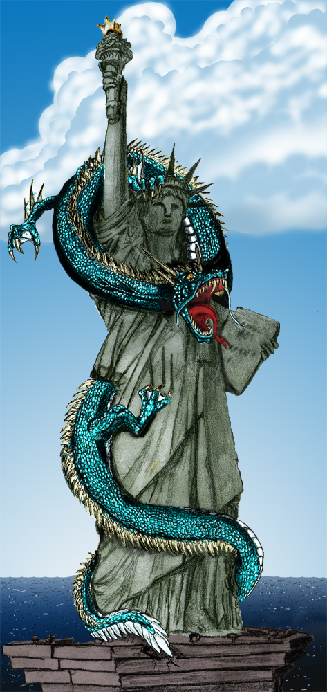 One of my ongoing projects, The Kaiju World Tour, where I depict various Japanes movie monsters in different places throughout the world. This here is Manda, debuting in 1963's Atragon, and appearing in 1969's Destroy All Monsters, and this years Godzilla: Final Wars.